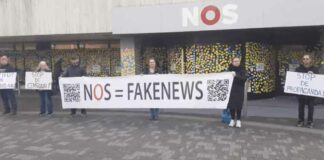 Propagandastaatszender NOS bedekt met 14.445 post-its, die elk staan voor een Covid-vaccin dood in 2022