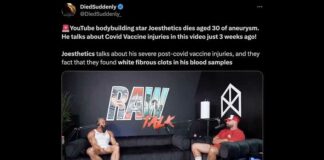 Viervoudig geprikte 30-jarige bodybuilder Joesthetics besprak veranderingen in zijn bloedwerk drie weken voordat hij plotseling stierf aan een aneurysma