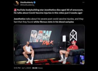 Viervoudig geprikte 30-jarige bodybuilder Joesthetics besprak veranderingen in zijn bloedwerk drie weken voordat hij plotseling stierf aan een aneurysma