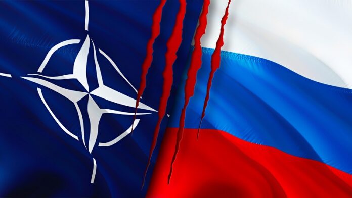 NATO and Russia flags with scar concept. Waving flag,3D renderin
