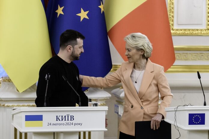 Ukrainian President Volodymyr Zelenskiy is attending a joint press conference with European Commission President Ursula von der Leyen in Kyiv, Ukraine, on February 24, 2024